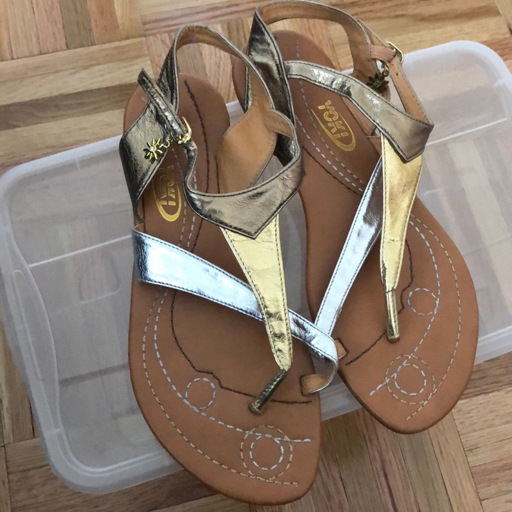 Bronze, silver and gold sandals